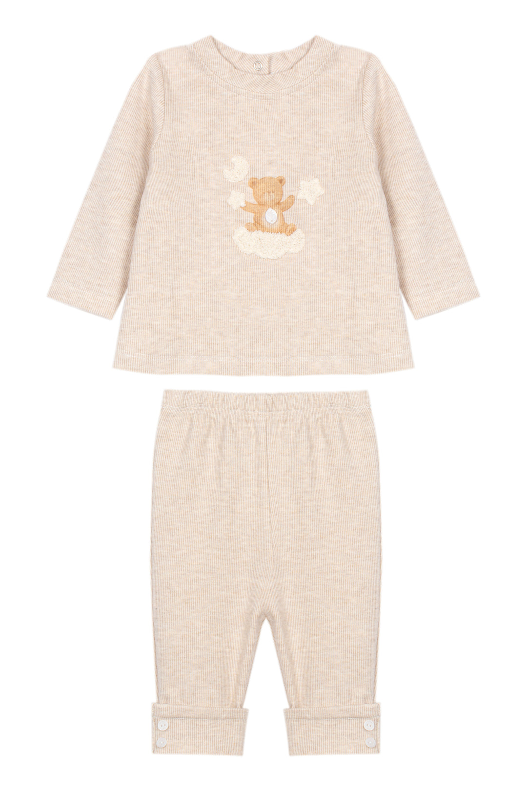 A two-piece baby clothing set in a heathered cream-beige fabric, featuring a long-sleeve top with a teddy bear graphic on the chest and matching elastic-waist pants with rolled cuffs.