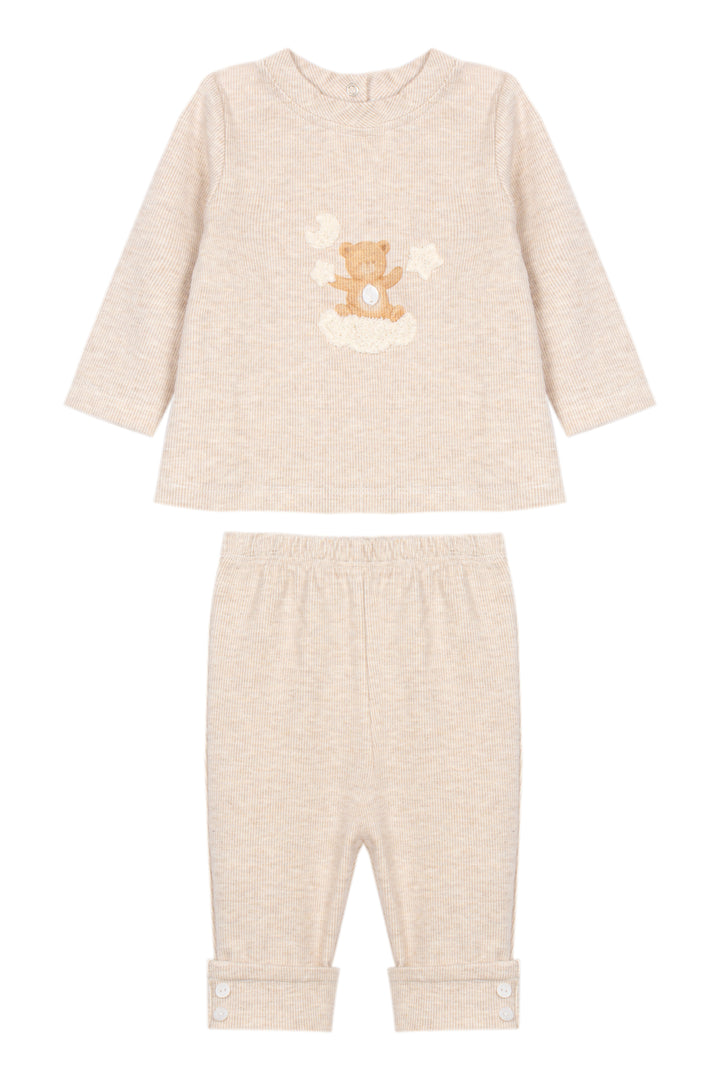 A two-piece baby clothing set in a heathered cream-beige fabric, featuring a long-sleeve top with a teddy bear graphic on the chest and matching elastic-waist pants with rolled cuffs.