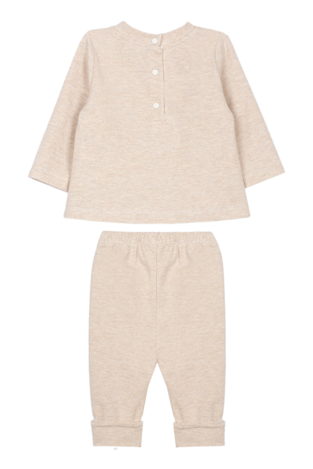 A two-piece baby clothing set in a light heathered cream color, featuring a long-sleeve henley top with three buttons and matching elastic-waist pants with cuffed legs, displayed on a solid white background.