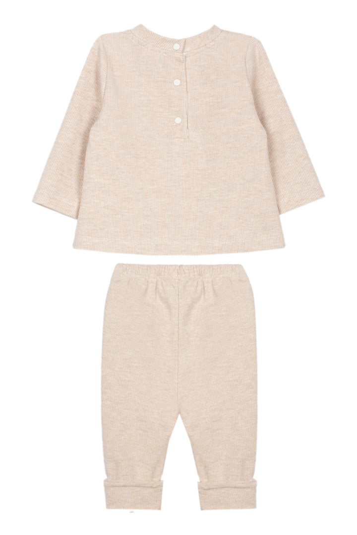 A two-piece baby clothing set in a light heathered cream color, featuring a long-sleeve henley top with three buttons and matching elastic-waist pants with cuffed legs, displayed on a solid white background.