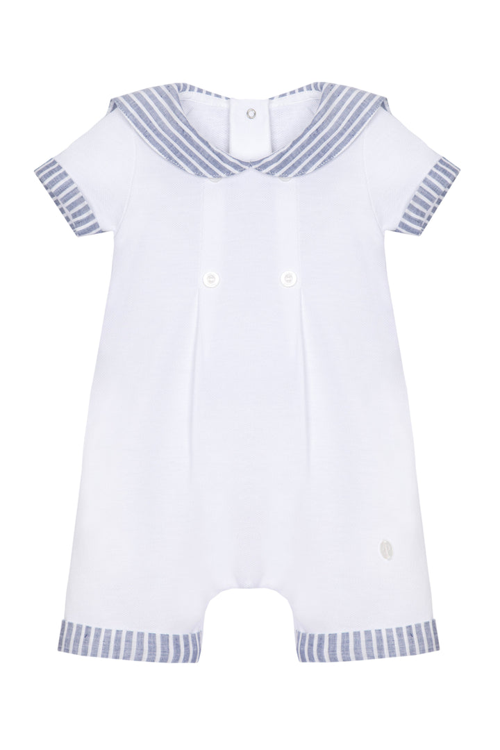 White baby romper with blue trim on a white background