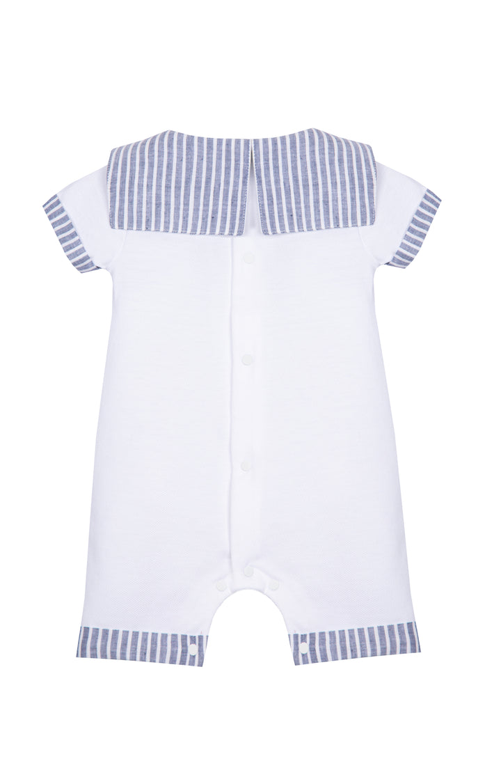 White baby romper with blue trim on a white background