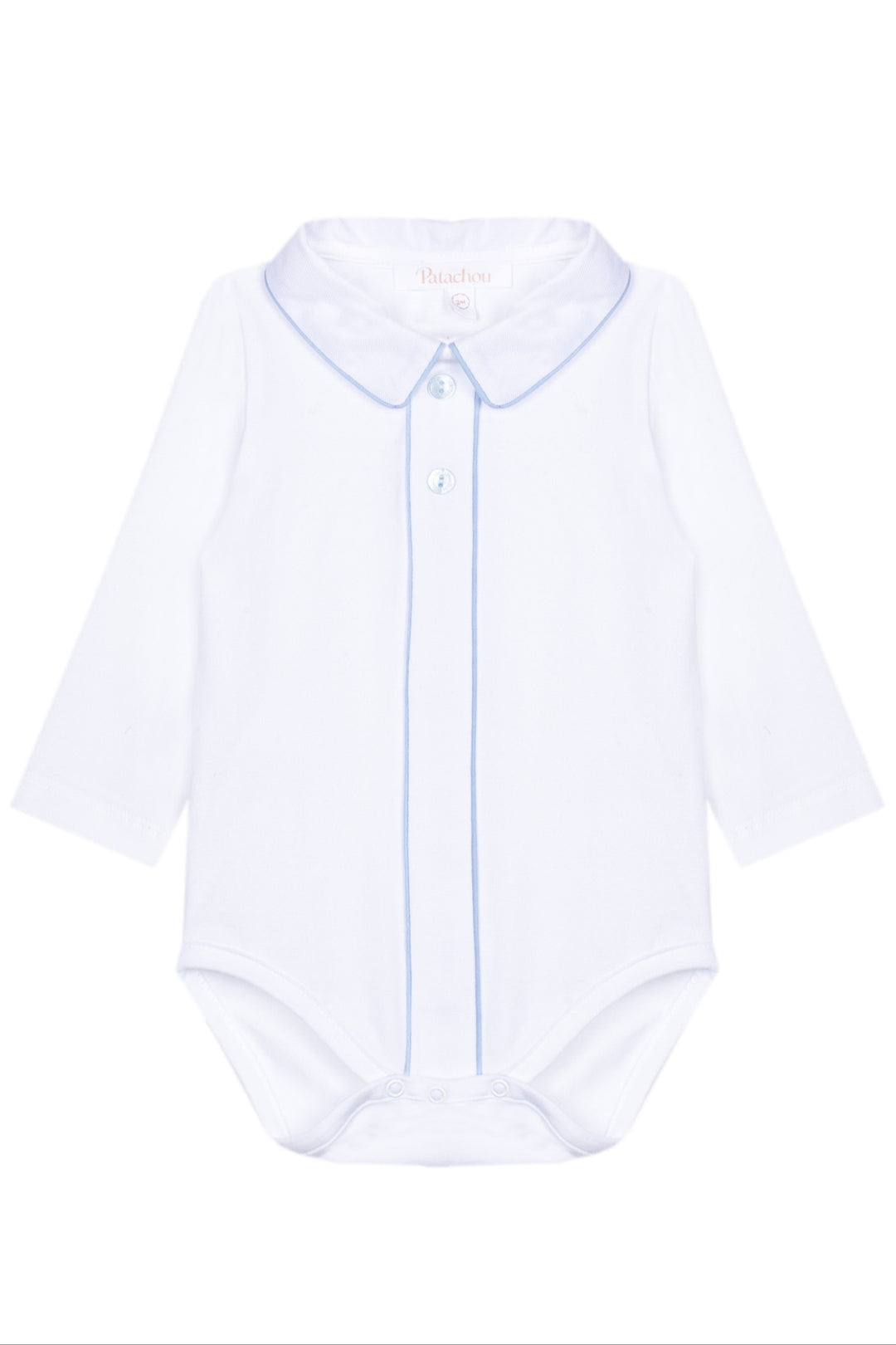 A white long-sleeve baby bodysuit with a Peter Pan collar, featuring light blue piping details down the front placket and around the collar, shown on a plain white background.