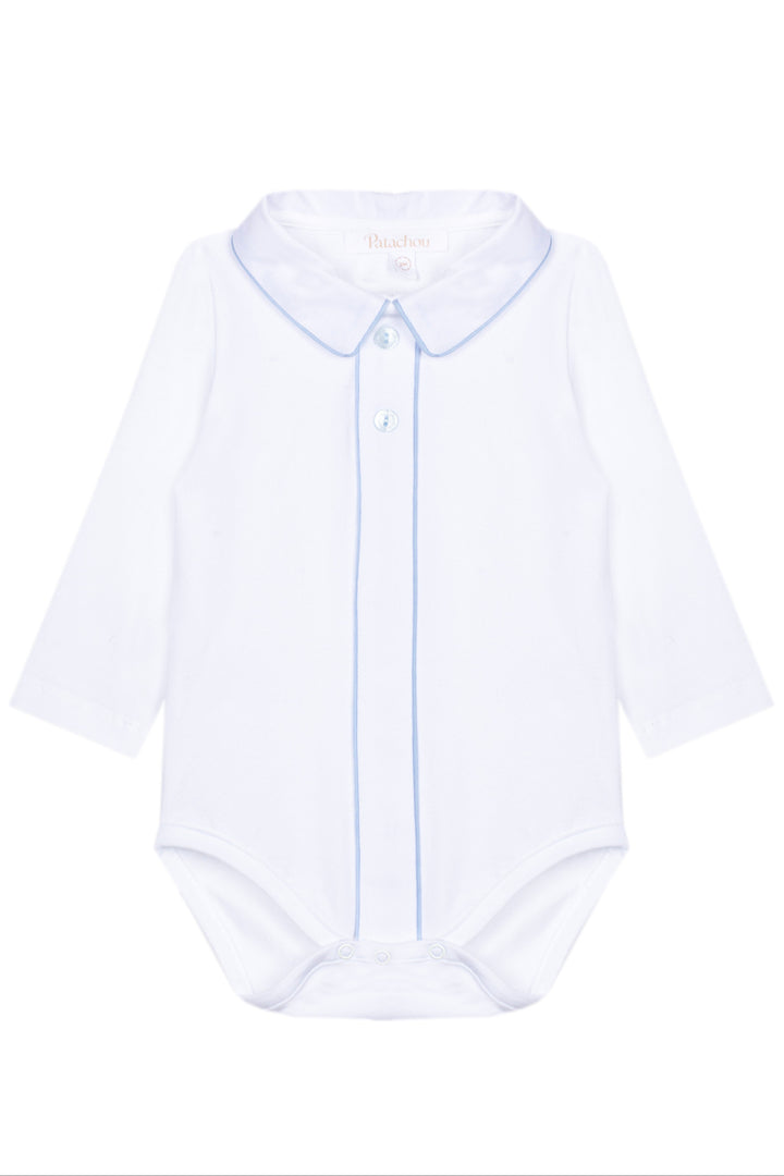 A white long-sleeve baby bodysuit with a Peter Pan collar, featuring light blue piping details down the front placket and around the collar, shown on a plain white background.