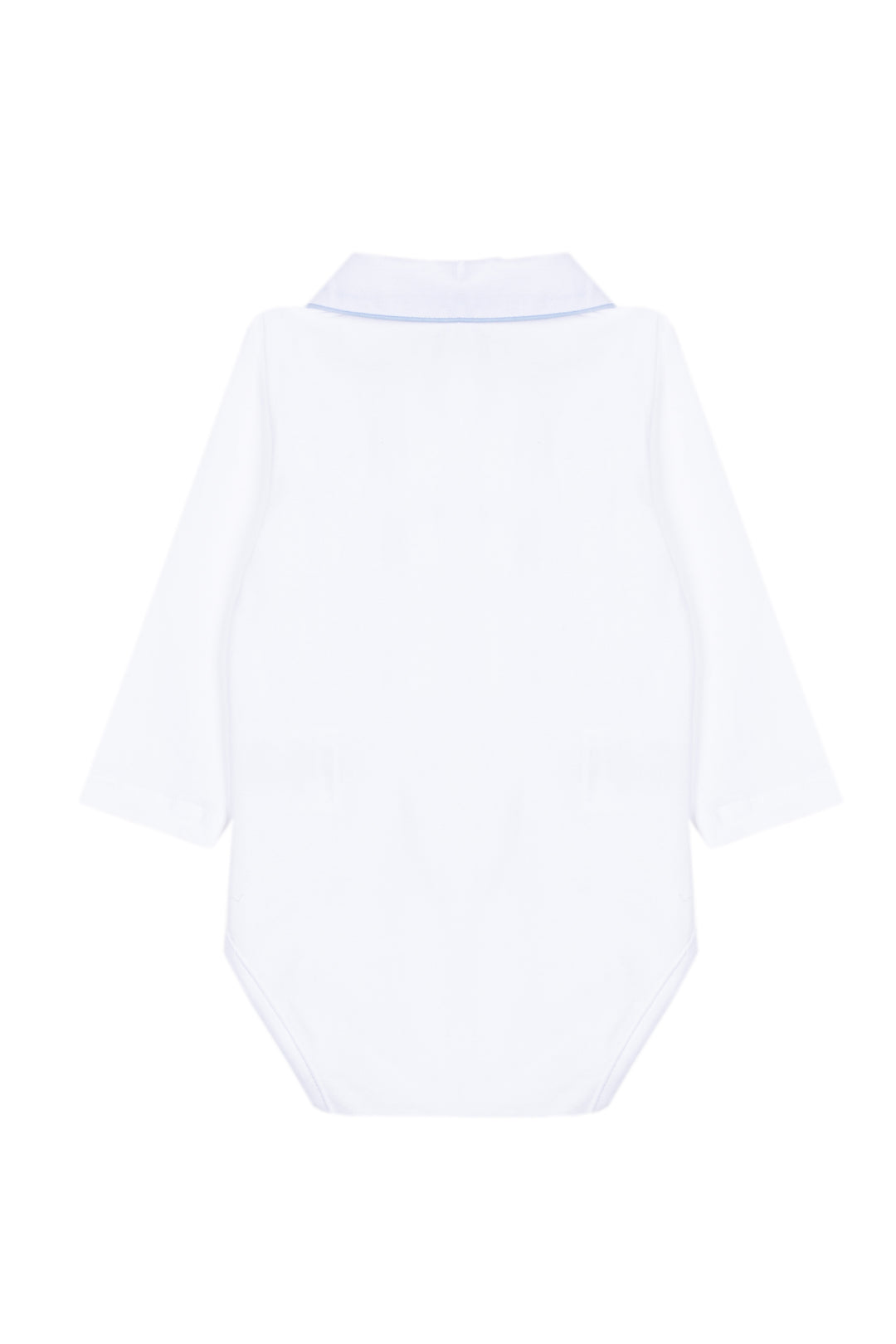 A white long-sleeve baby bodysuit or romper with a pointed collar, shown from the back on a plain white background.