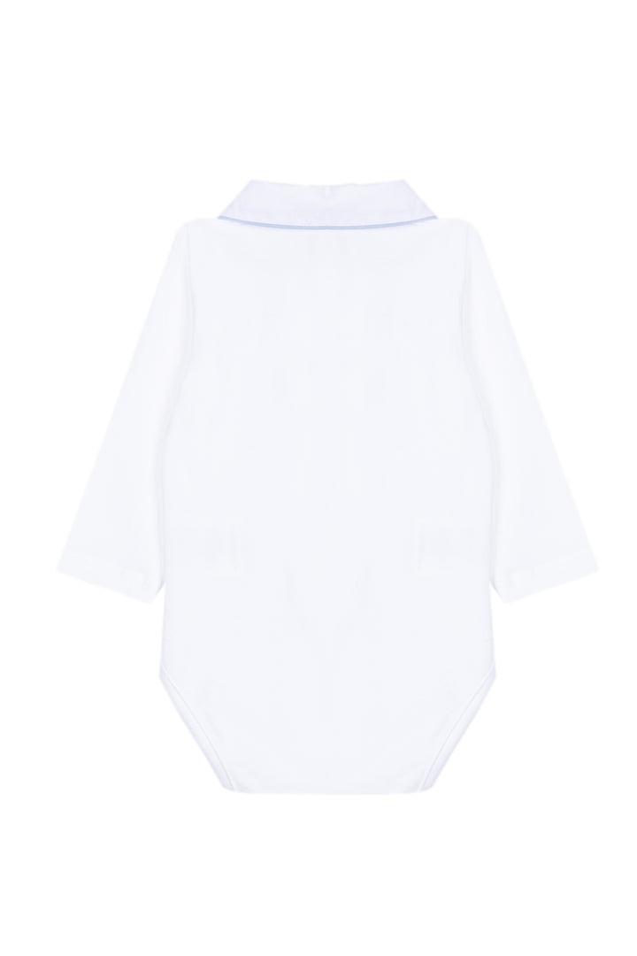 A white long-sleeve baby bodysuit or romper with a pointed collar, shown from the back on a plain white background.