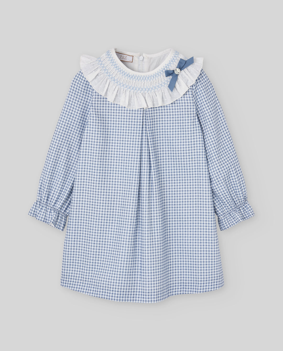 Girls long sleeve blue gingham dress with collar and bow