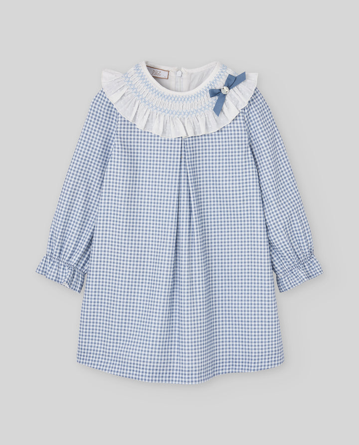 Girls long sleeve blue gingham dress with collar and bow