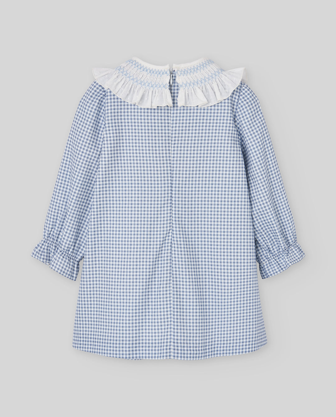 Back of girls long sleeve blue gingham dress with ruffled collar
