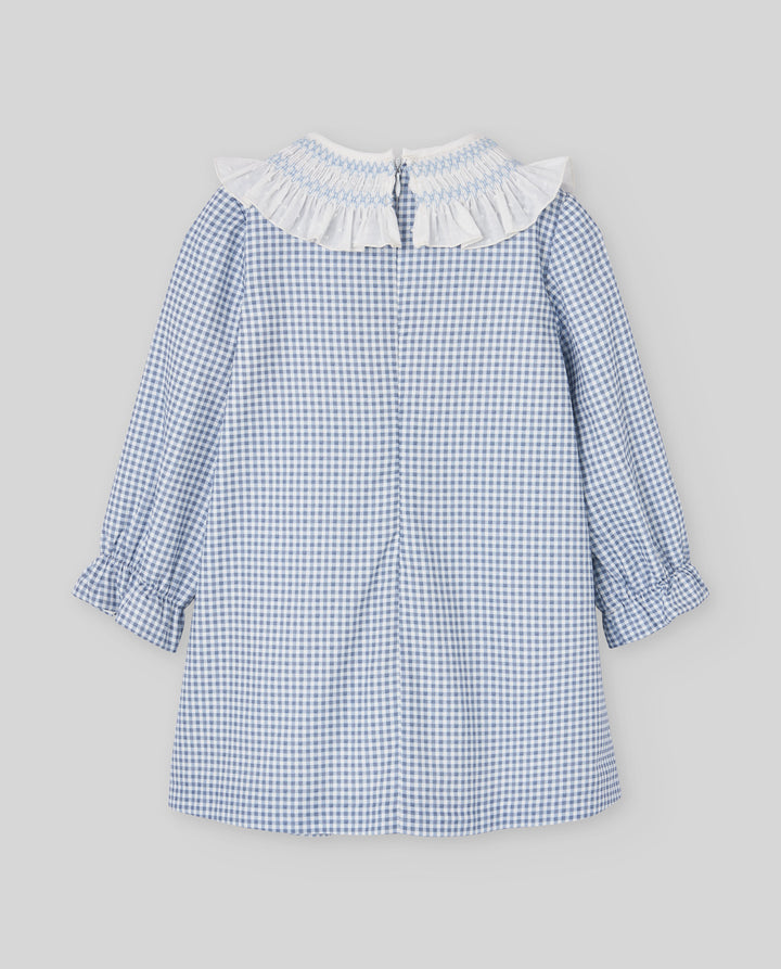 Back of girls long sleeve blue gingham dress with ruffled collar