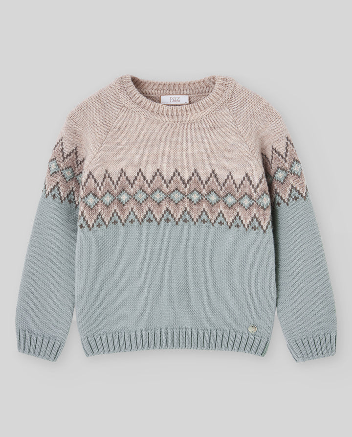 A children's knit sweater with a two-tone design, featuring a light beige upper section and a dusty blue lower section, separated by a geometric Fair Isle pattern band in beige, gray, and light blue.