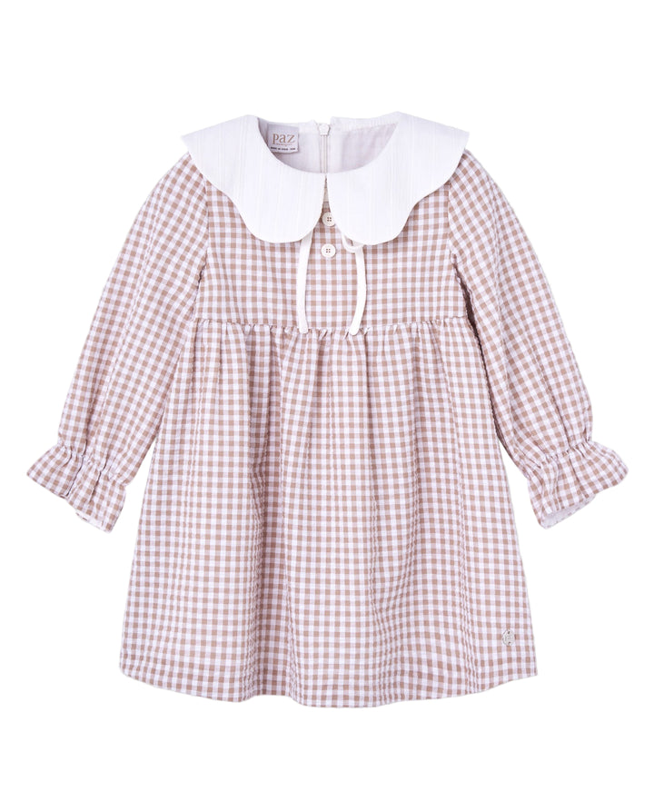 Girls Gingham Print Dress with Scalloped Bib Collar