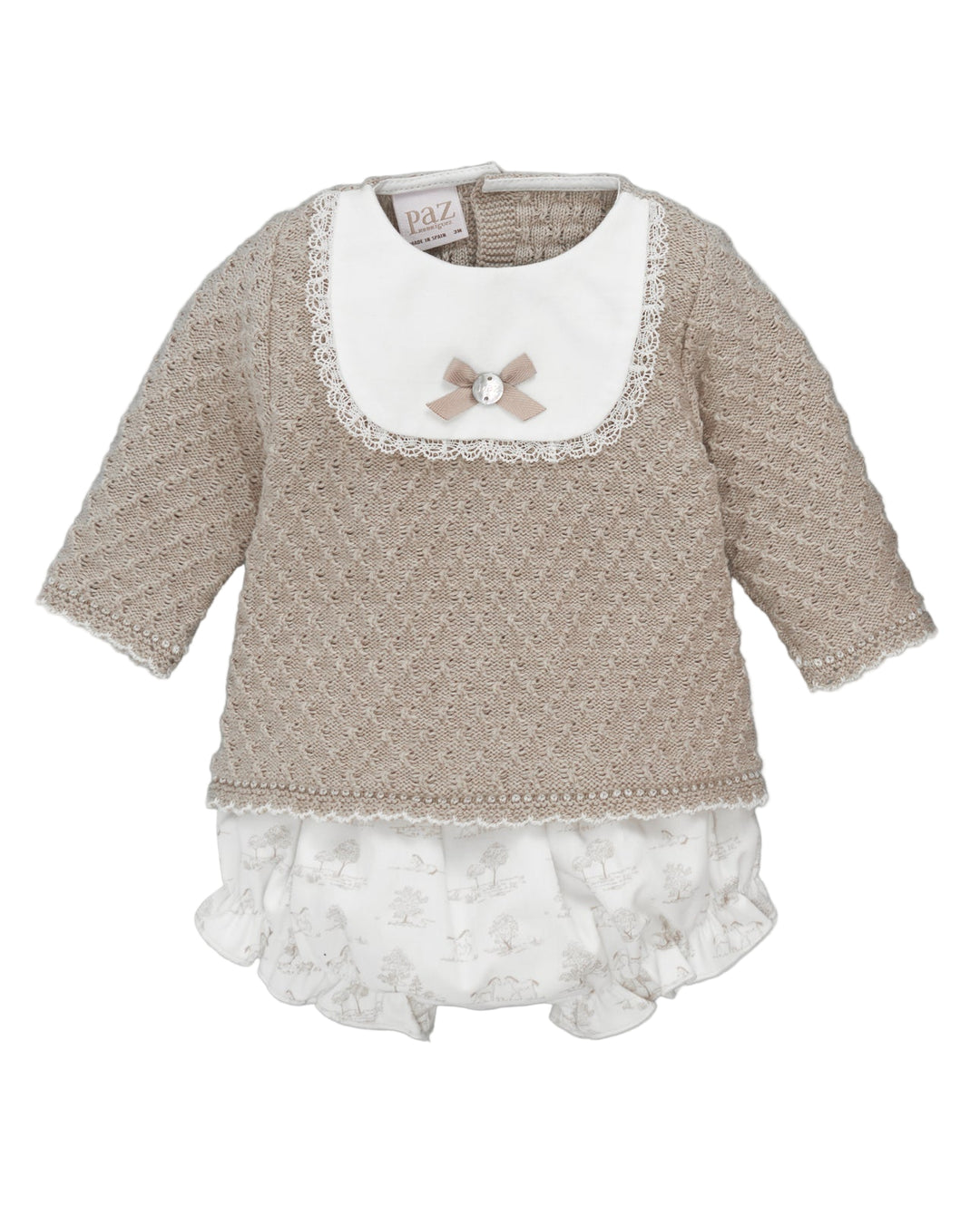 heirloom baby outfit with pony toile print and lace details
