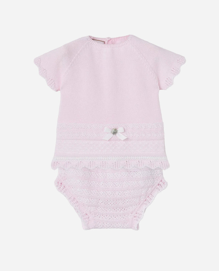 Pink baby Knit Set on a gray background