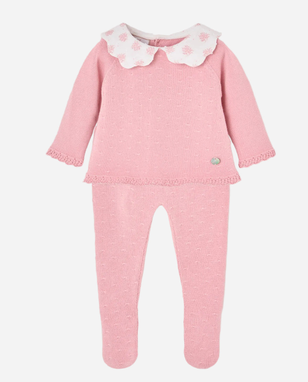 Pink baby outfit with a collar on a gray background