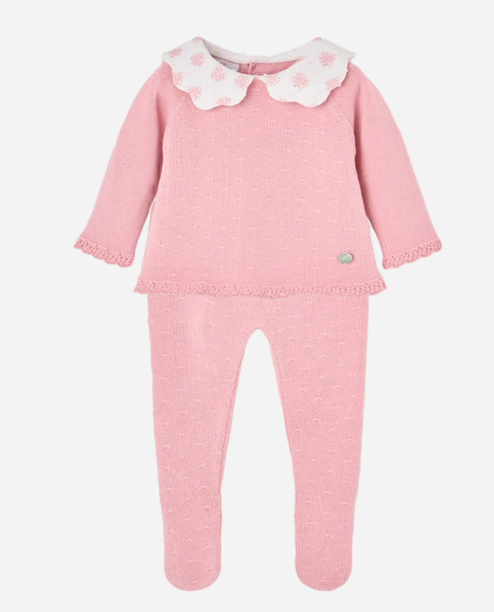 Pink baby outfit with a collar on a gray background