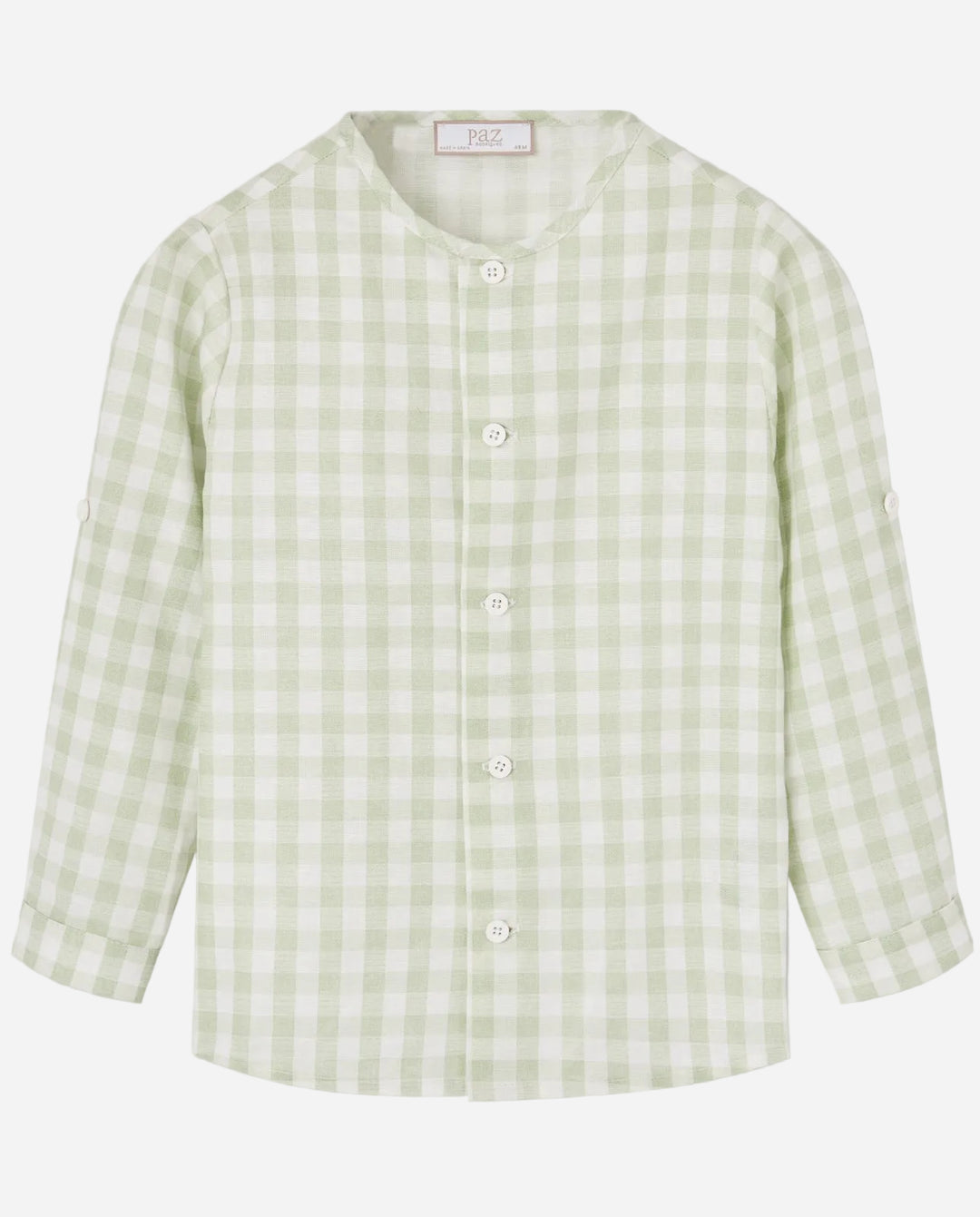 Green and white checkered shirt on a gray background