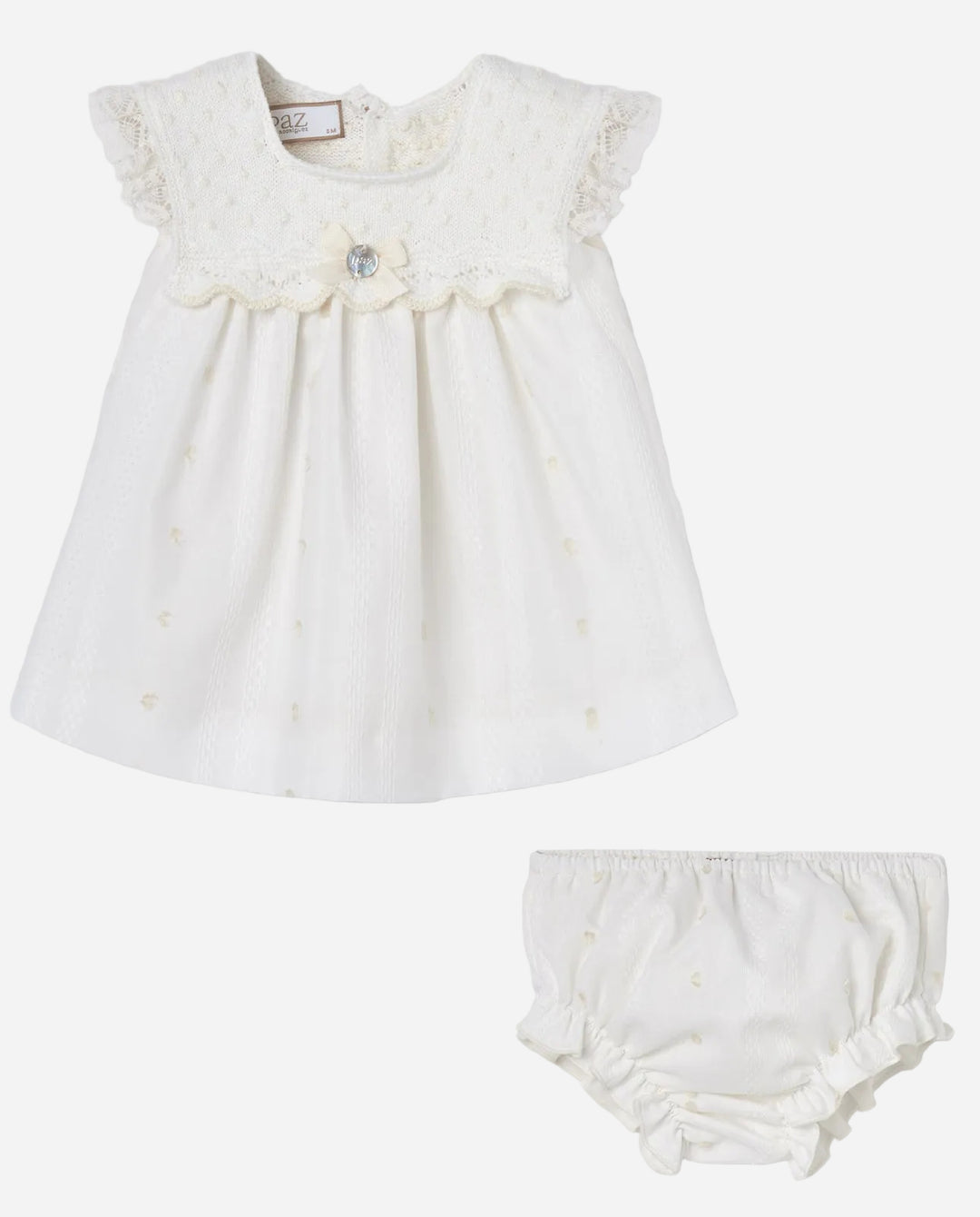 Baby Girl Ivory Embroidered Dress and Bloomer Set with Lace Details
