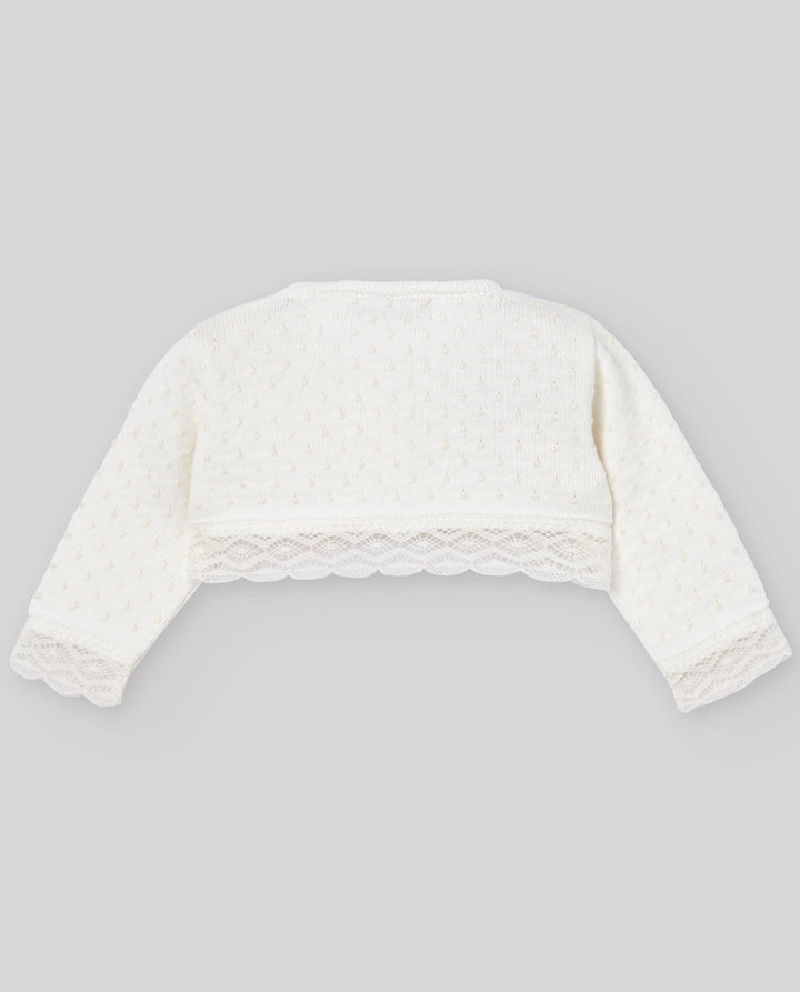 Back view of baby girl embroidered knit cardigan
