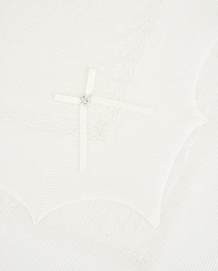 Close up of lace detail of an ivory baby blanket