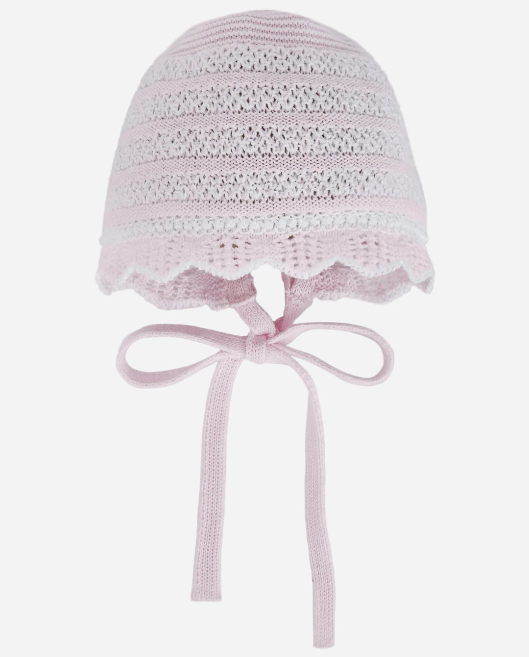 Pink crochet baby bonnet with a ribbon on a light gray background