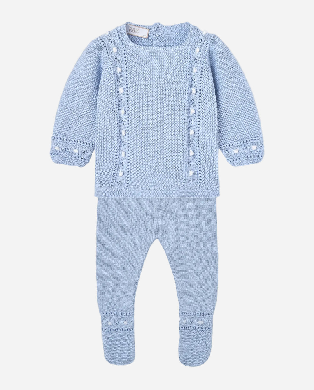 Blue baby outfit with long-sleeve top and matching pants on a gray background
