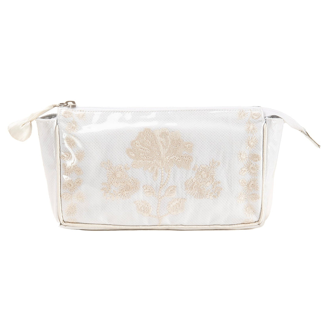 Ivory makeup bag with floral embroidery on a white background