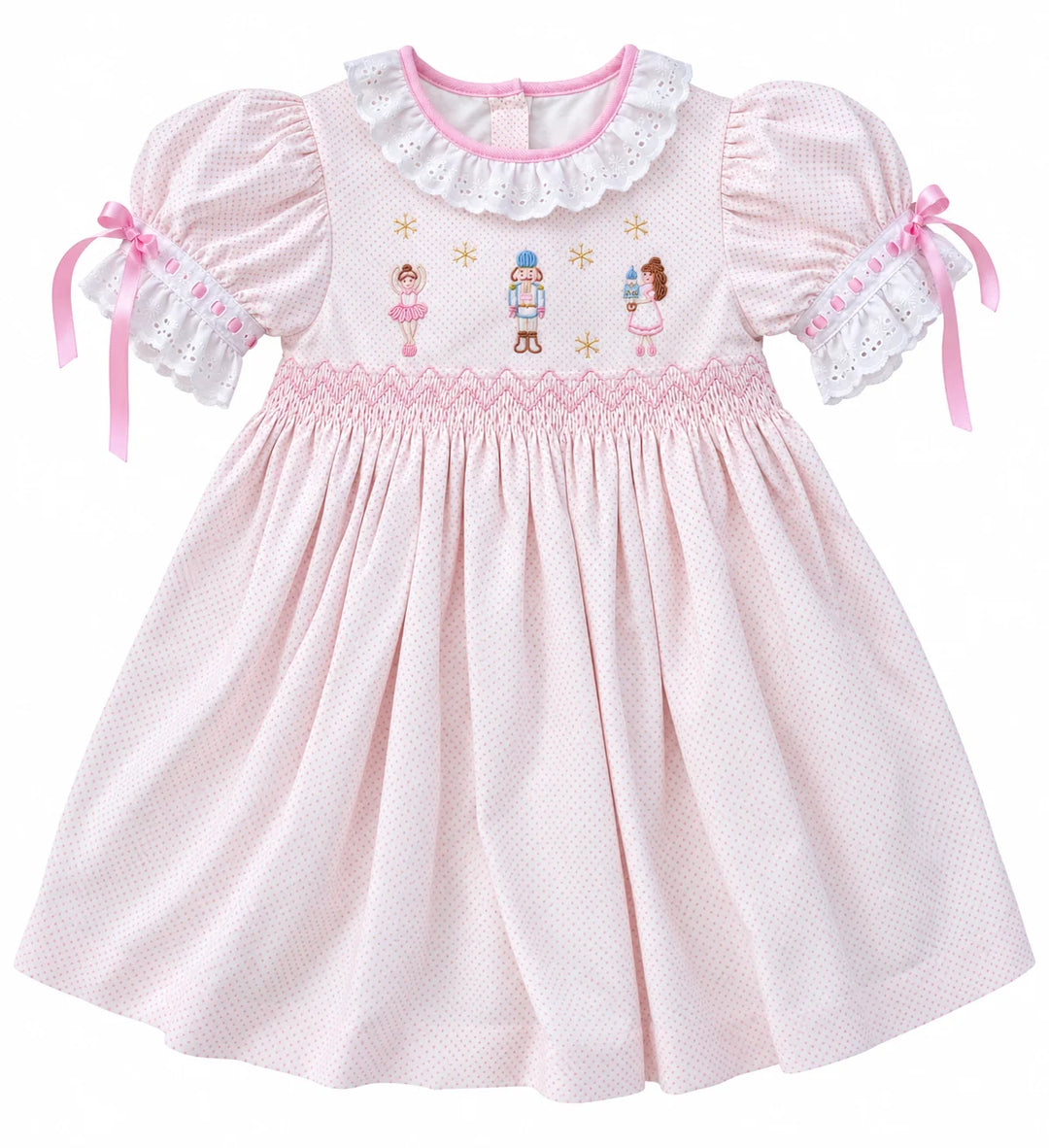 Pink Cord Dress with Delicate lace details and charming holiday embroidery motifs