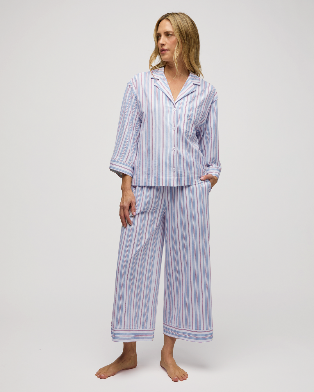 Women's Olivia Wide Leg Pajama Set in Vintage French Stripes