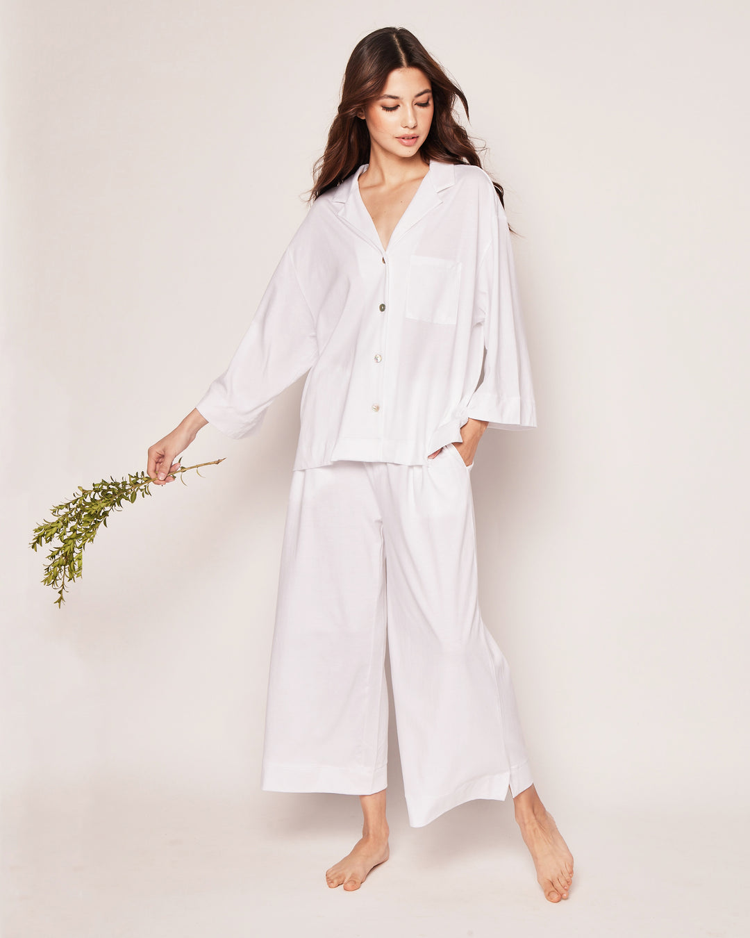 Petite Plume The Olivia Wide Leg Pima Pajama Set in White