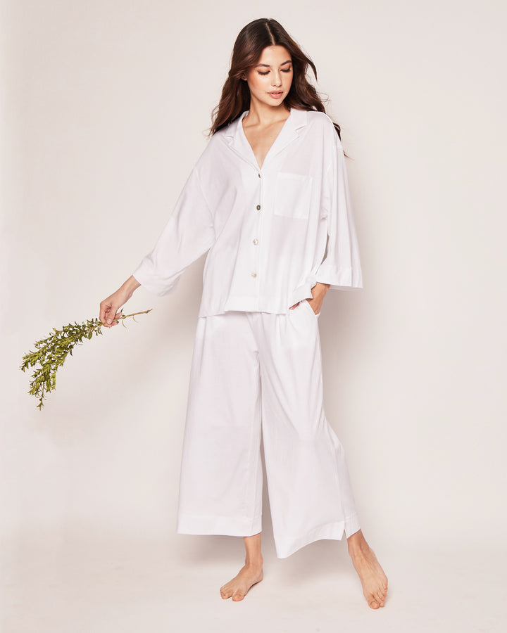 Petite Plume The Olivia Wide Leg Pima Pajama Set in White