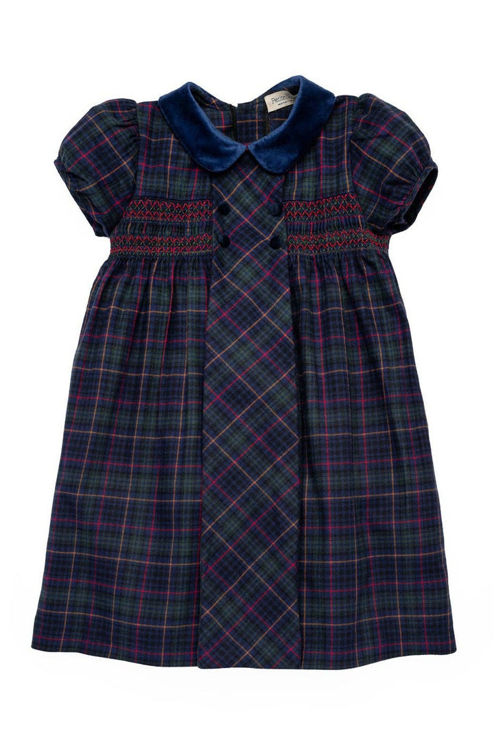 A toddler girl's dress featuring a dark navy and purple plaid body, a contrasting solid navy blue velvet collar, and smocked detailing across the chest.