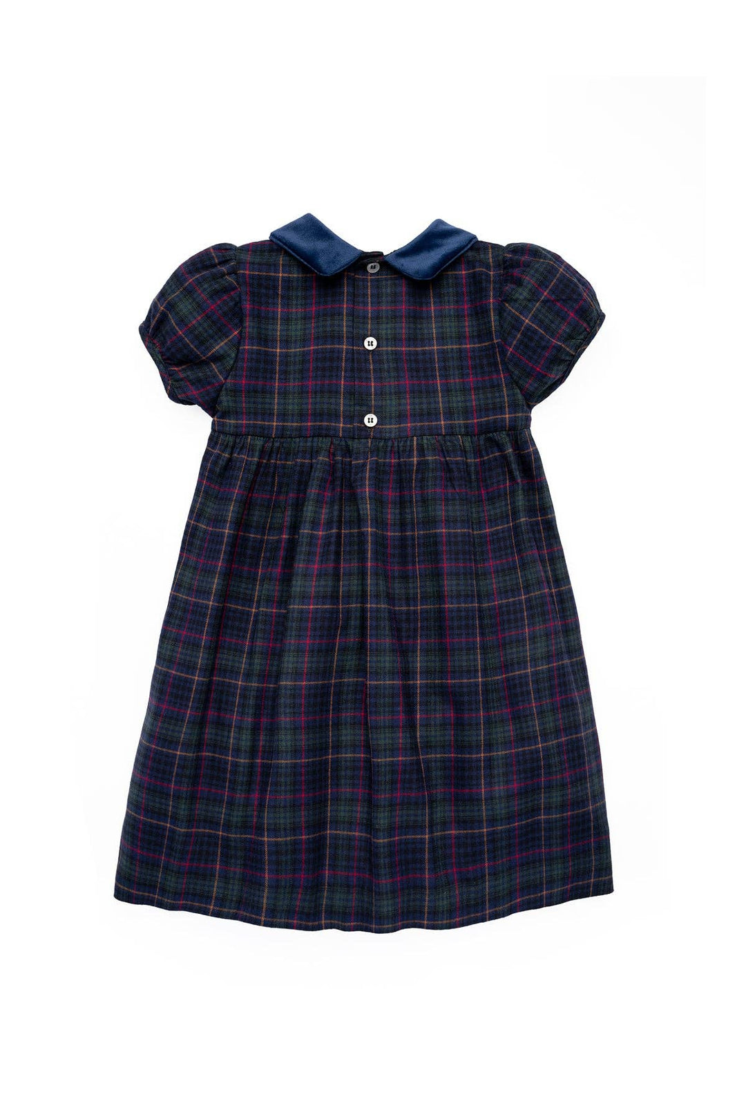 A toddler girl's dress featuring a dark navy blue and purple plaid skirt with short puff sleeves, a matching navy collar, and a buttoned front.
