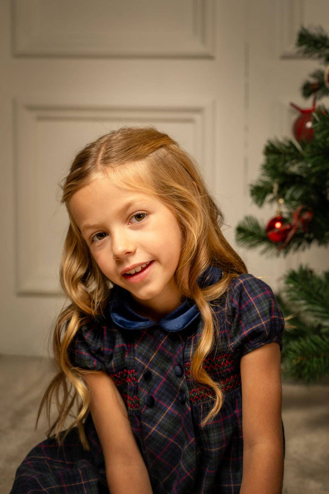 Petite Carlota Victoria Holiday Blue Plaid Dress