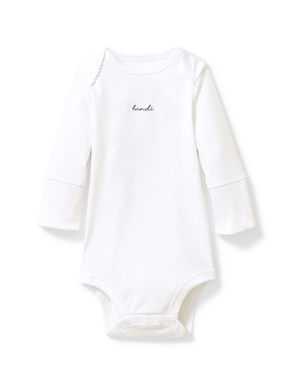 A white long-sleeve baby bodysuit with a small black script logo reading 'kandi' on the chest, displayed on a clean white background.