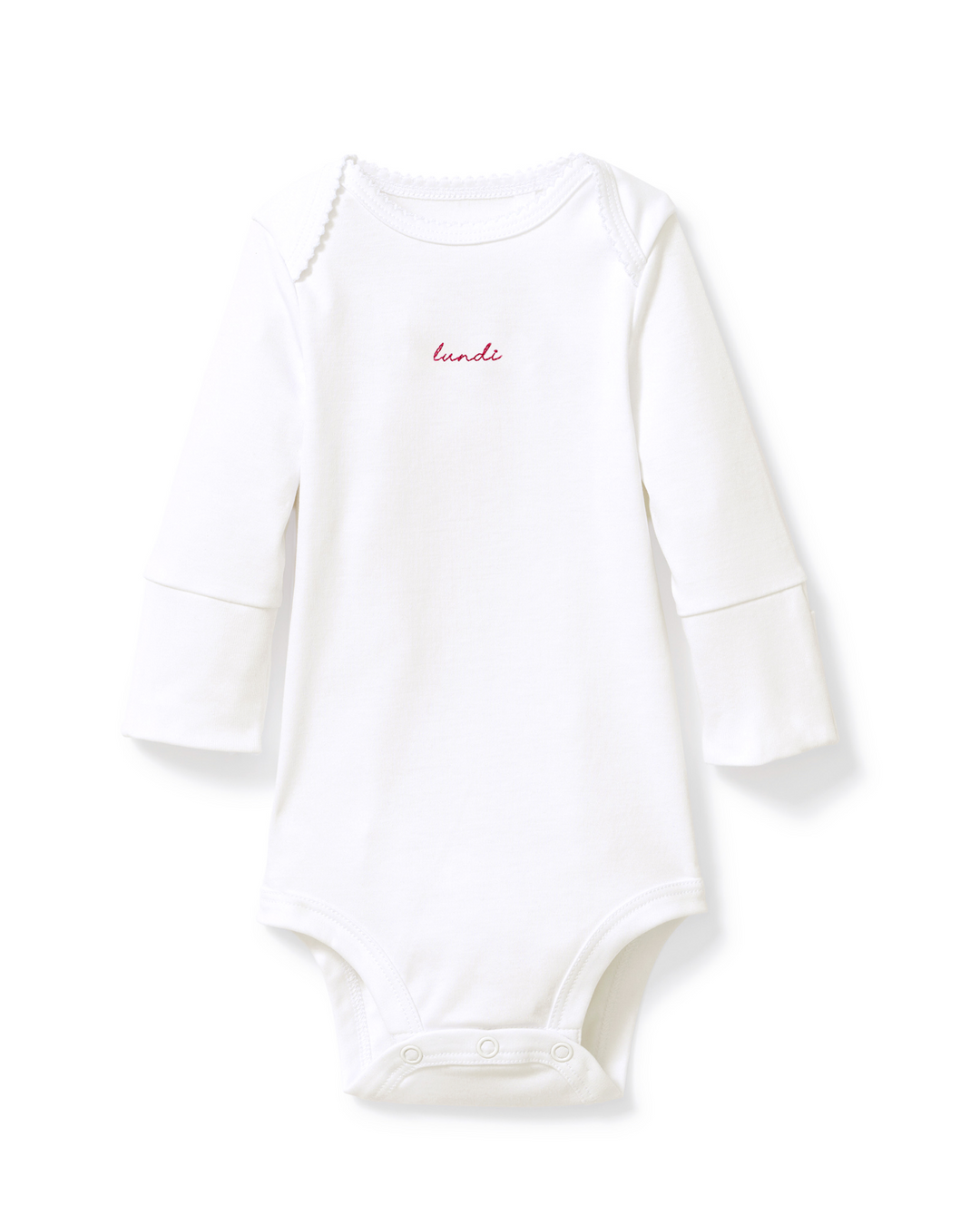A white long-sleeve baby bodysuit with 'lundi' written in small pink cursive text on the chest, displayed on a clean white background.