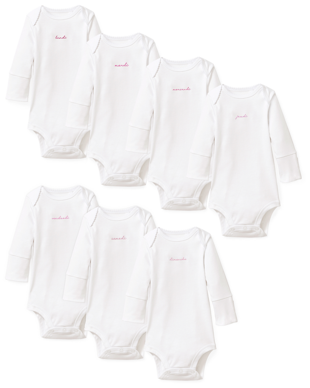 A set of eight white long-sleeve baby bodysuits arranged in two rows on a plain white background. Each bodysuit has a small pink embroidered script logo on the chest.
