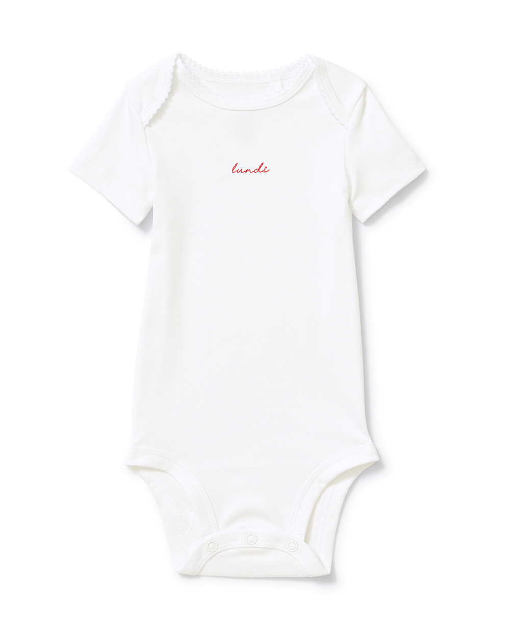 A white short-sleeve baby bodysuit with a small black script logo reading 'lundi' on the chest, displayed flat against a clean white background.