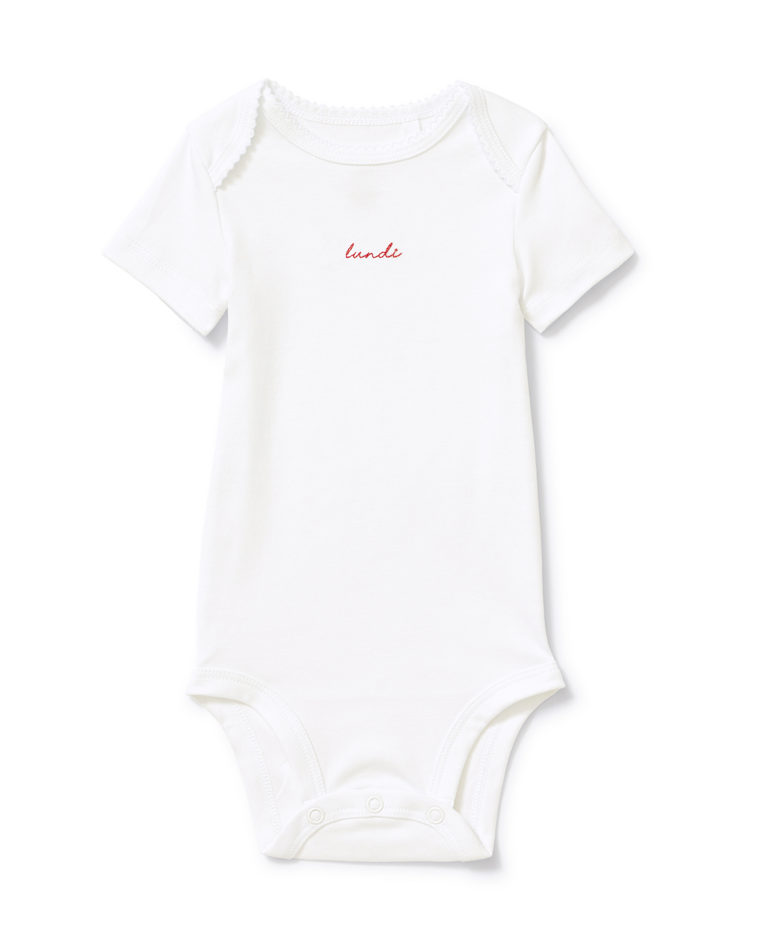 A white short-sleeve baby bodysuit with a small black script logo reading 'lundi' on the chest, displayed flat against a clean white background.