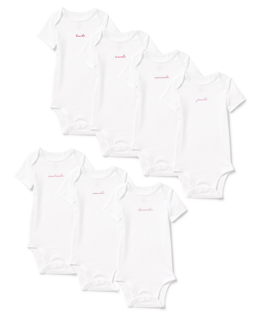Six white short-sleeve baby bodysuits in two sizes, each with the word 'amanda' printed in small pink script on the chest, arranged on a white background.