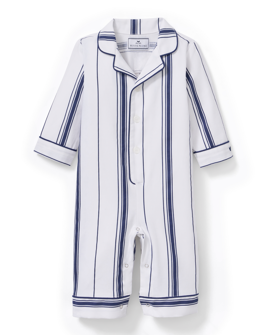 A white baby romper with vertical navy blue stripes, featuring a collar, short sleeves, and an open front with snap closures, shown against a plain white background.