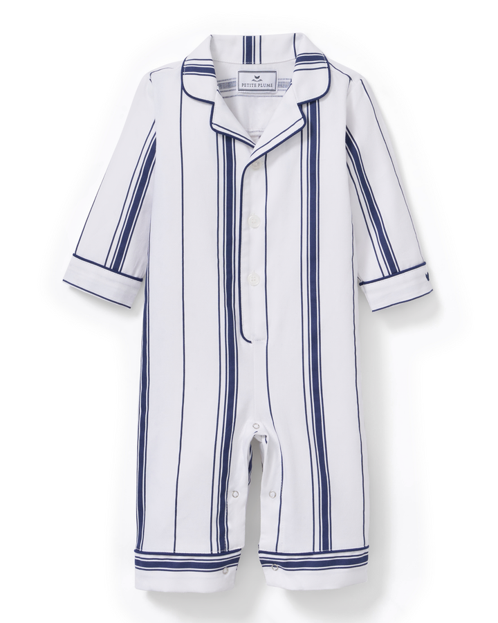 A white baby romper with vertical navy blue stripes, featuring a collar, short sleeves, and an open front with snap closures, shown against a plain white background.