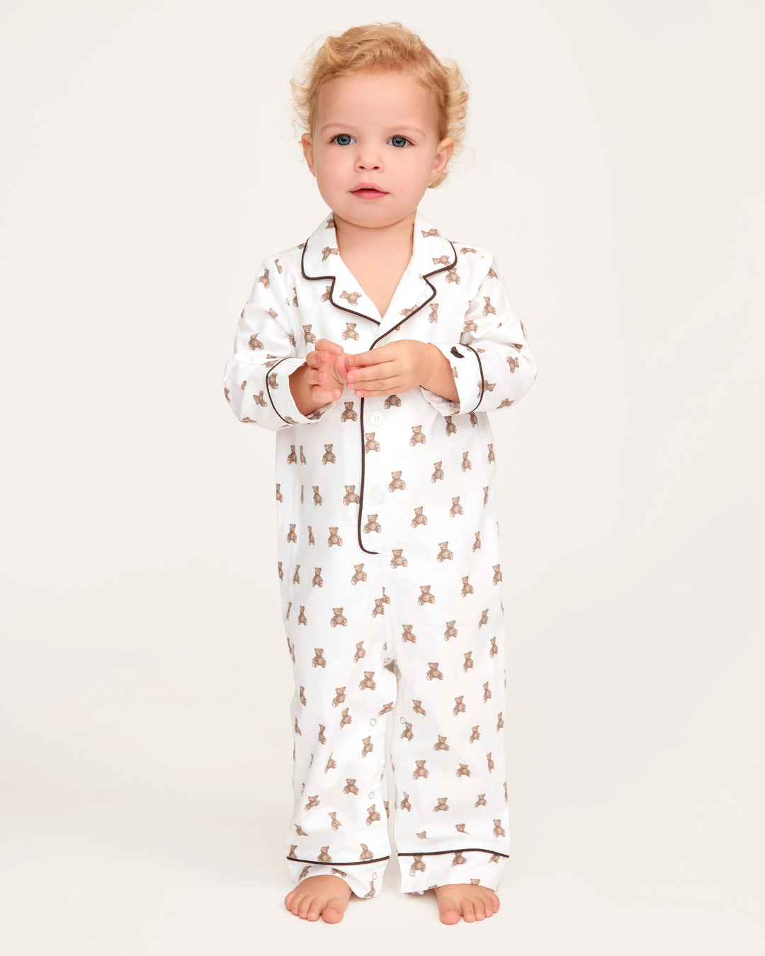 Toddler in a romper with Teddy Bear Print