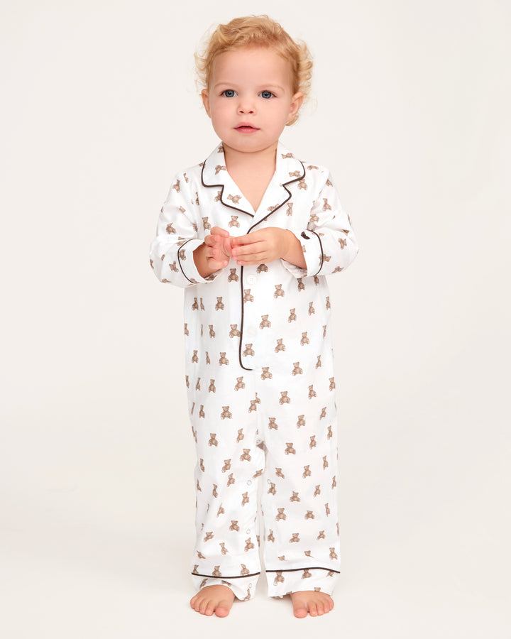 Toddler in a romper with Teddy Bear Print