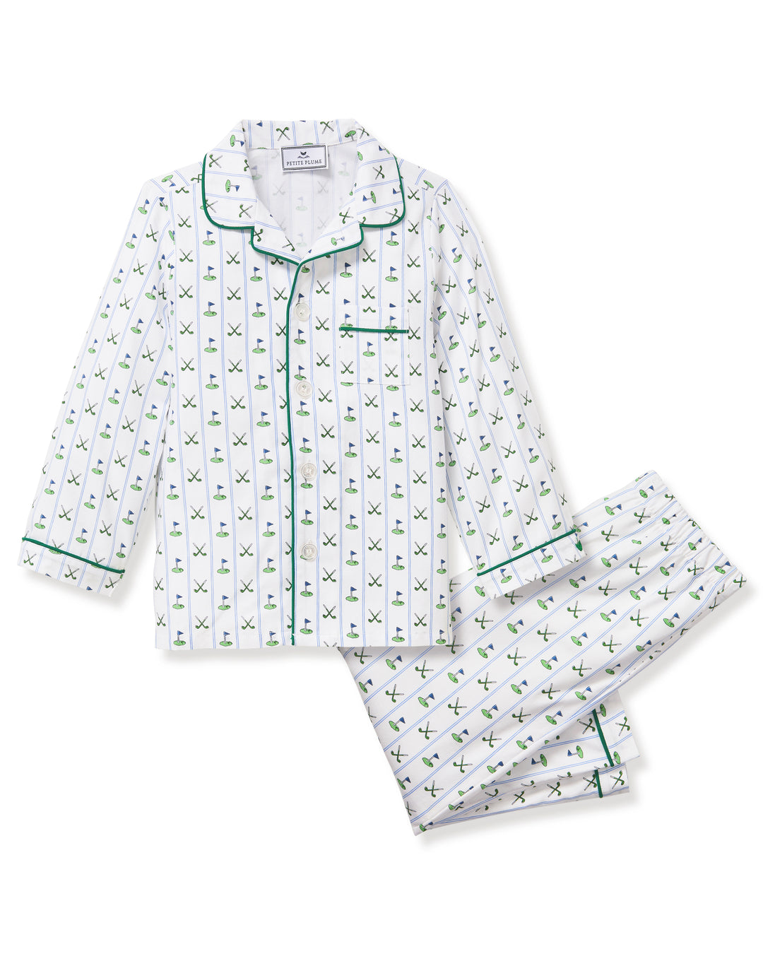 White pajama set with green floral pattern on a white background