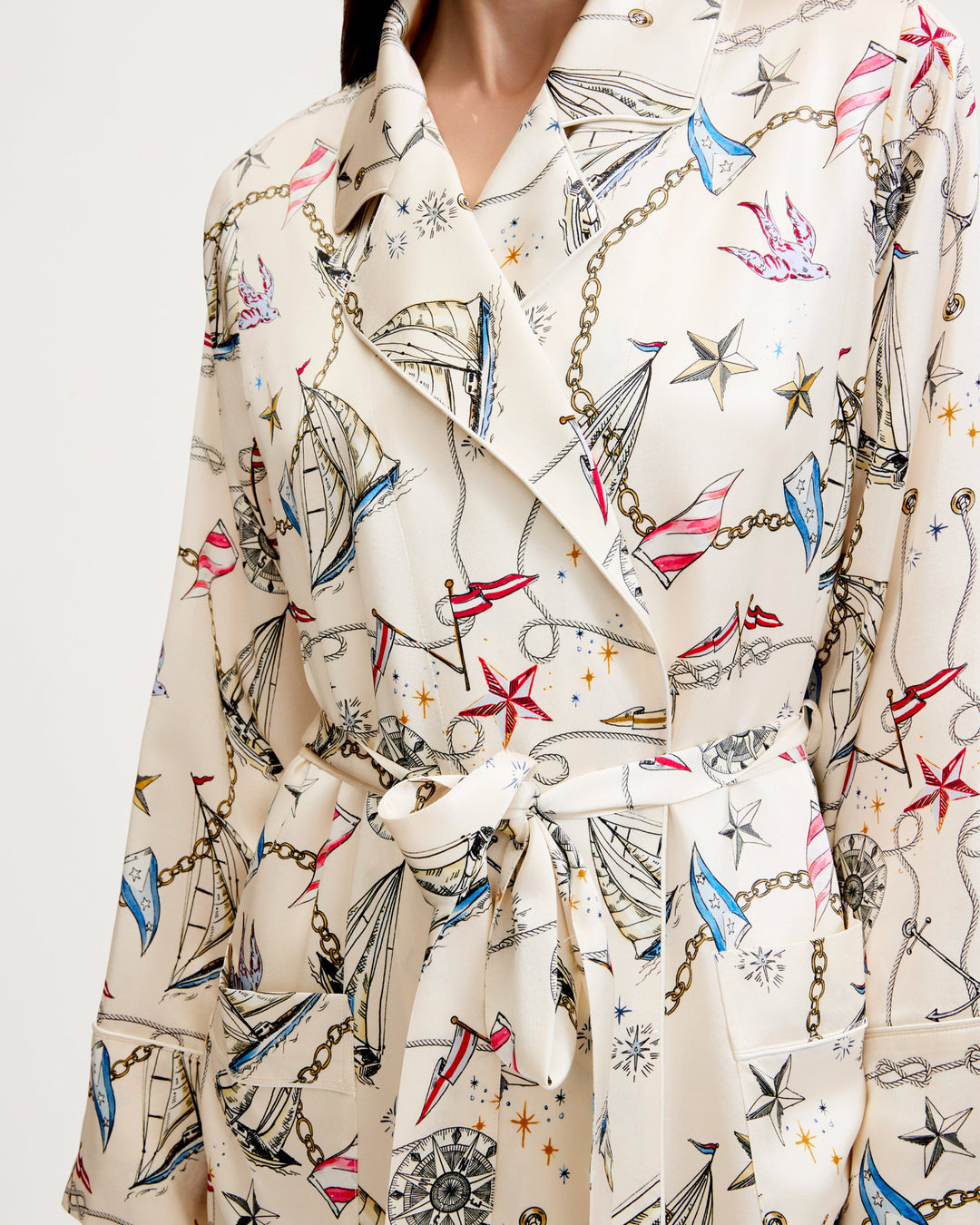 close up of a regatta print fabric from silk robe
