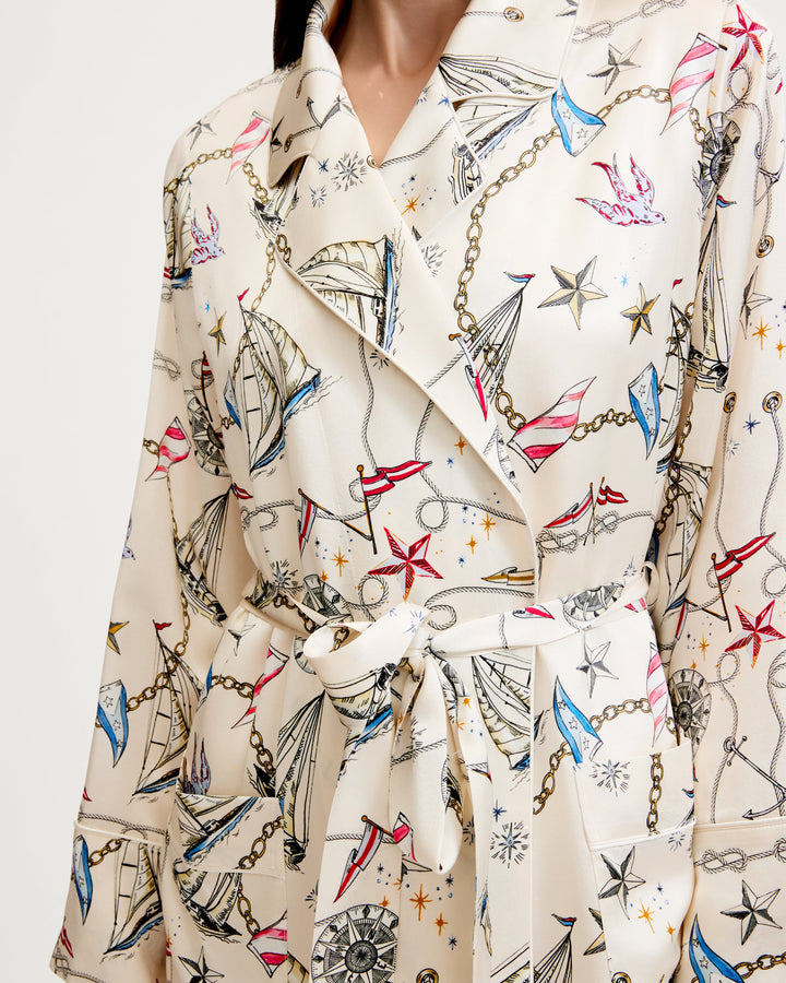 close up of a regatta print fabric from silk robe