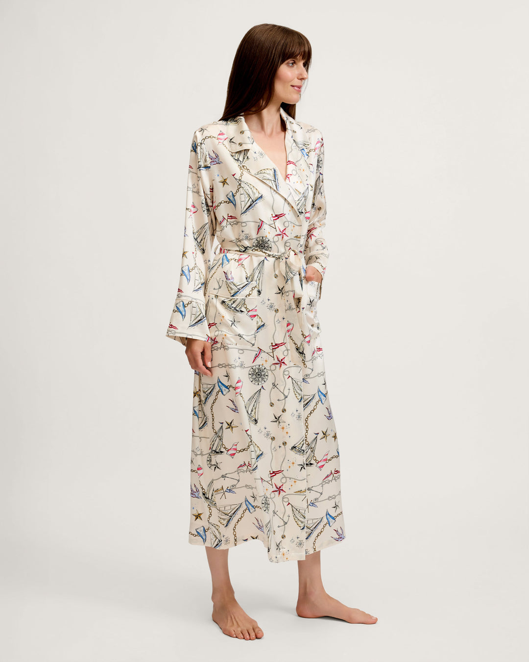 Woman wearing nautical print robe
