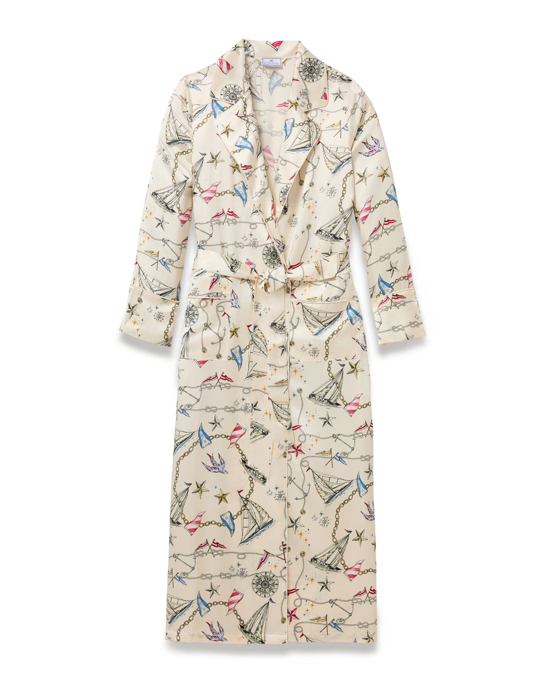 Long robe with colorful nautical pattern on a white background