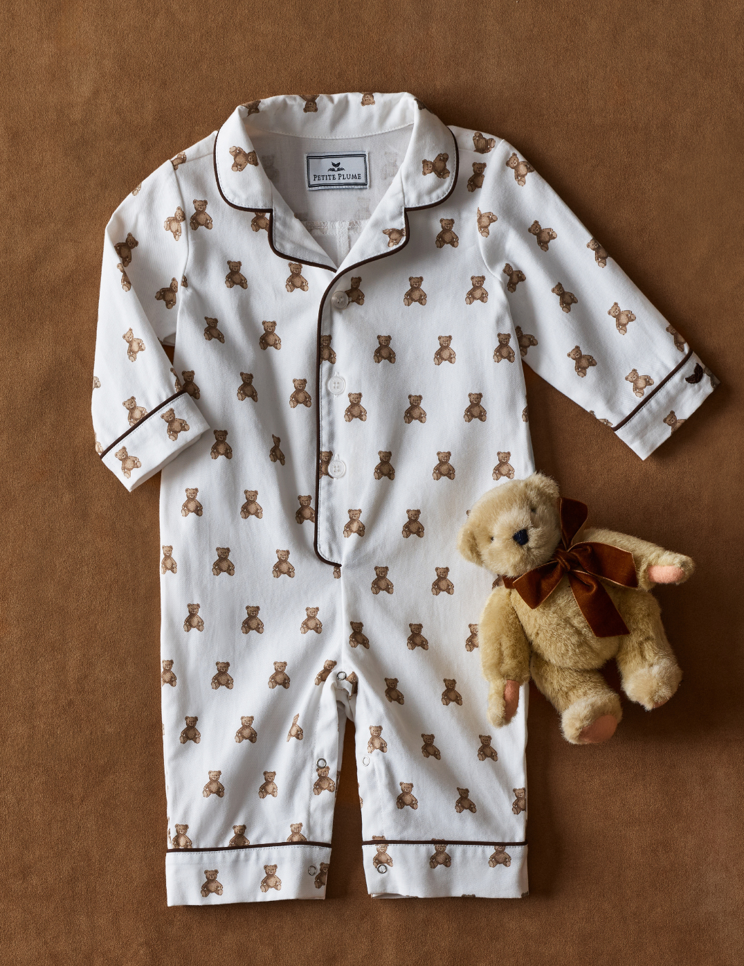 Petite Plume Baby's Twill Classic Romper in Teddy Tales